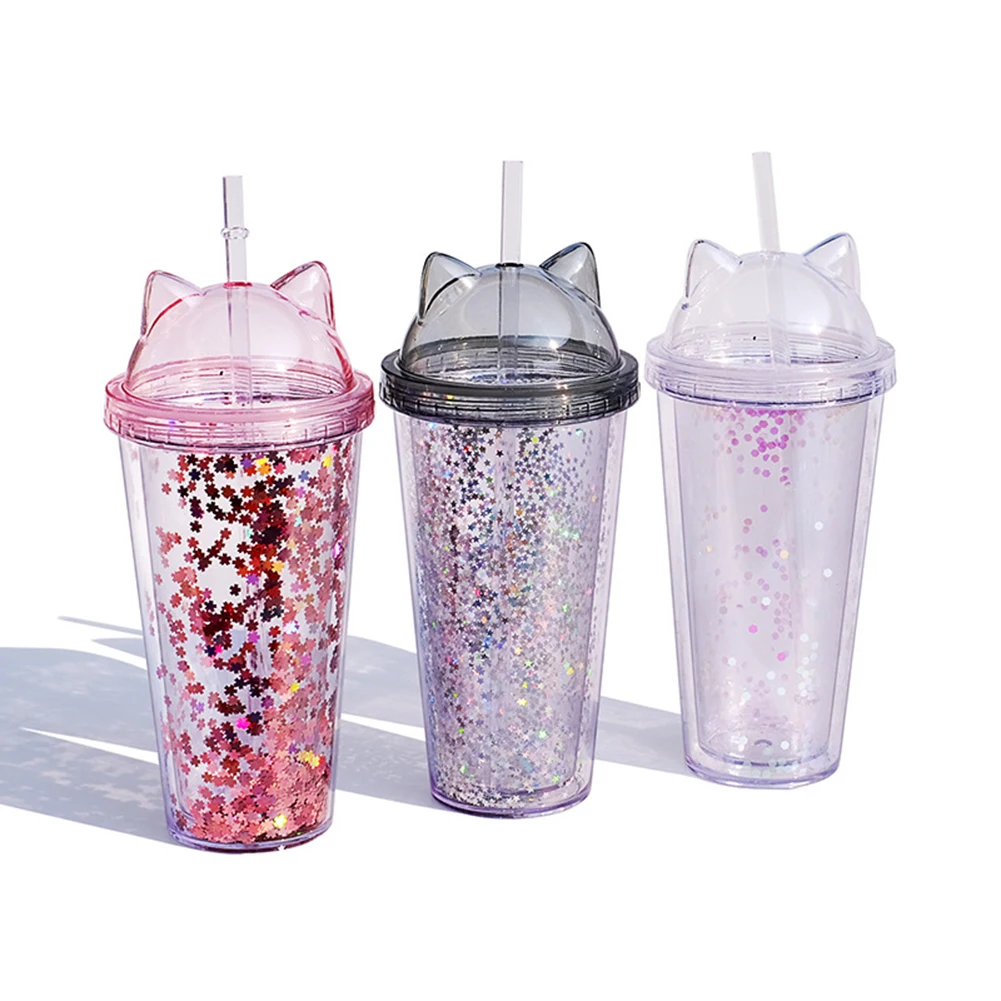 

420ml Cat Ear Water Bottle For Girls With Sequins Bpa Free Double Wall Tumbler With Straw Reusable Smoothie Cup Drinkware
