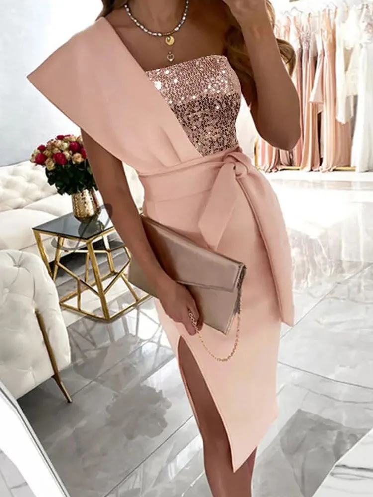 

Women Elegant Sequin Patchwork Midi Dress Sexy Hight Split Bow Tie-up Bodycon Dress Summer Fashion Slash Neck Solid Office Dress