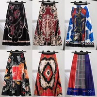 2022 new fashion printing elastic high waist womens skirt a line pleated midi skirt