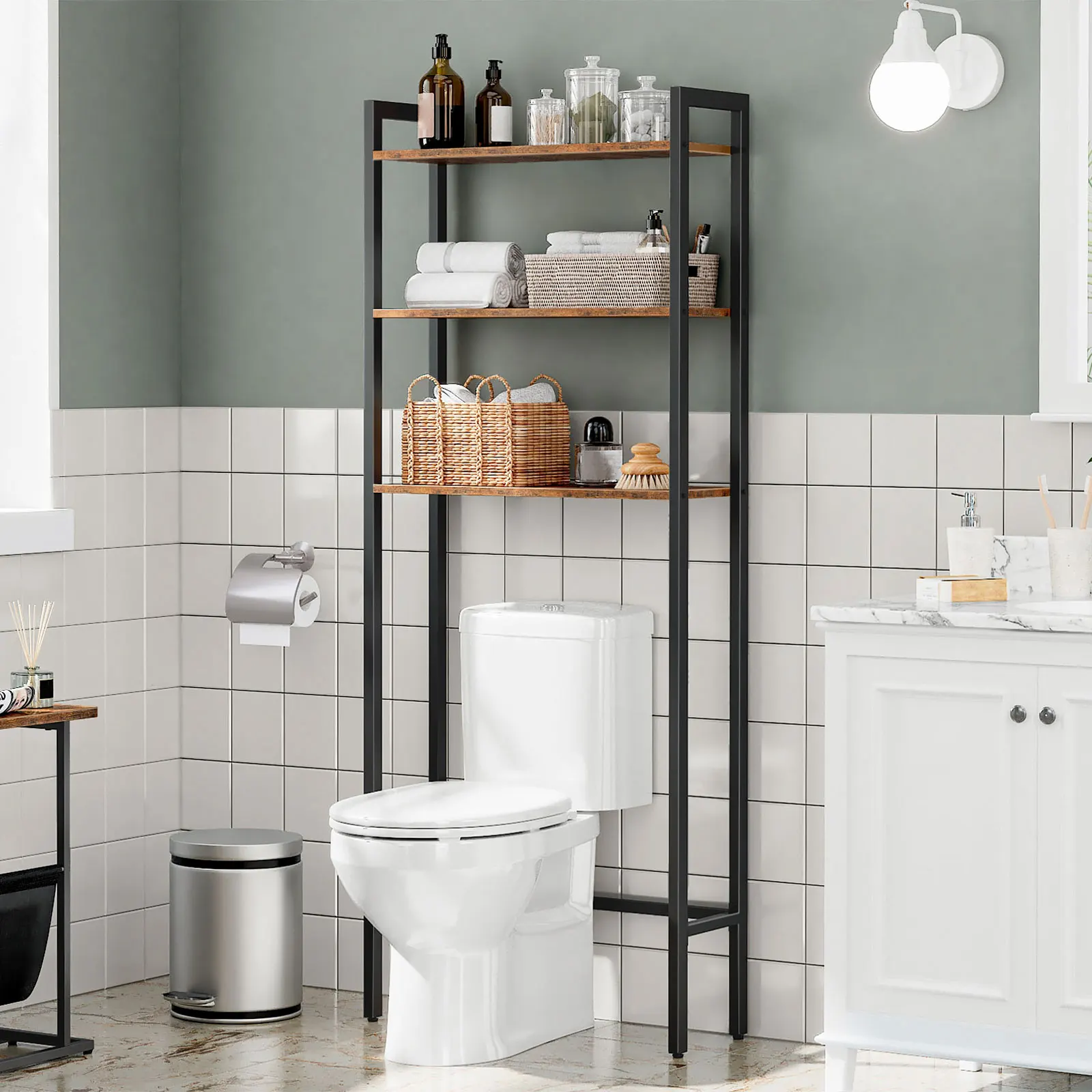 

HOOBRO Over The Toilet Storage Rack 3-Tier Industrial Bathroom Organizer Toilet Shelves Space Saver with Multi-Functional Brown