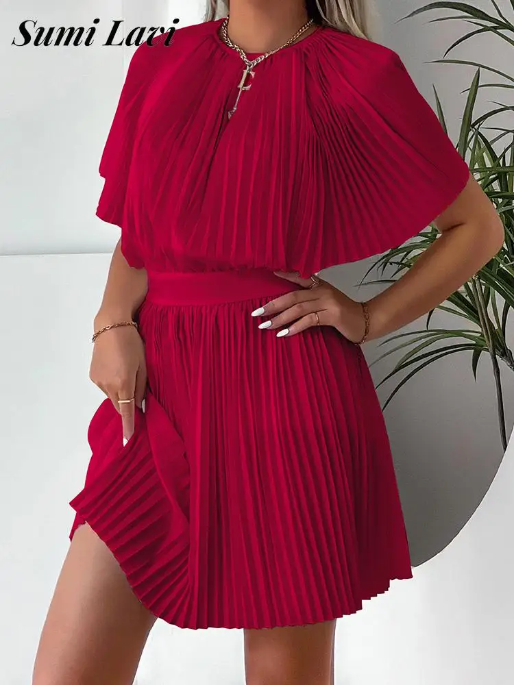 

Elegant Ladies Backless High Waist Translucent Dress Fashion Solid Batwing Sleeve Short Dress Summer O Neck Pleated Mini Dresses