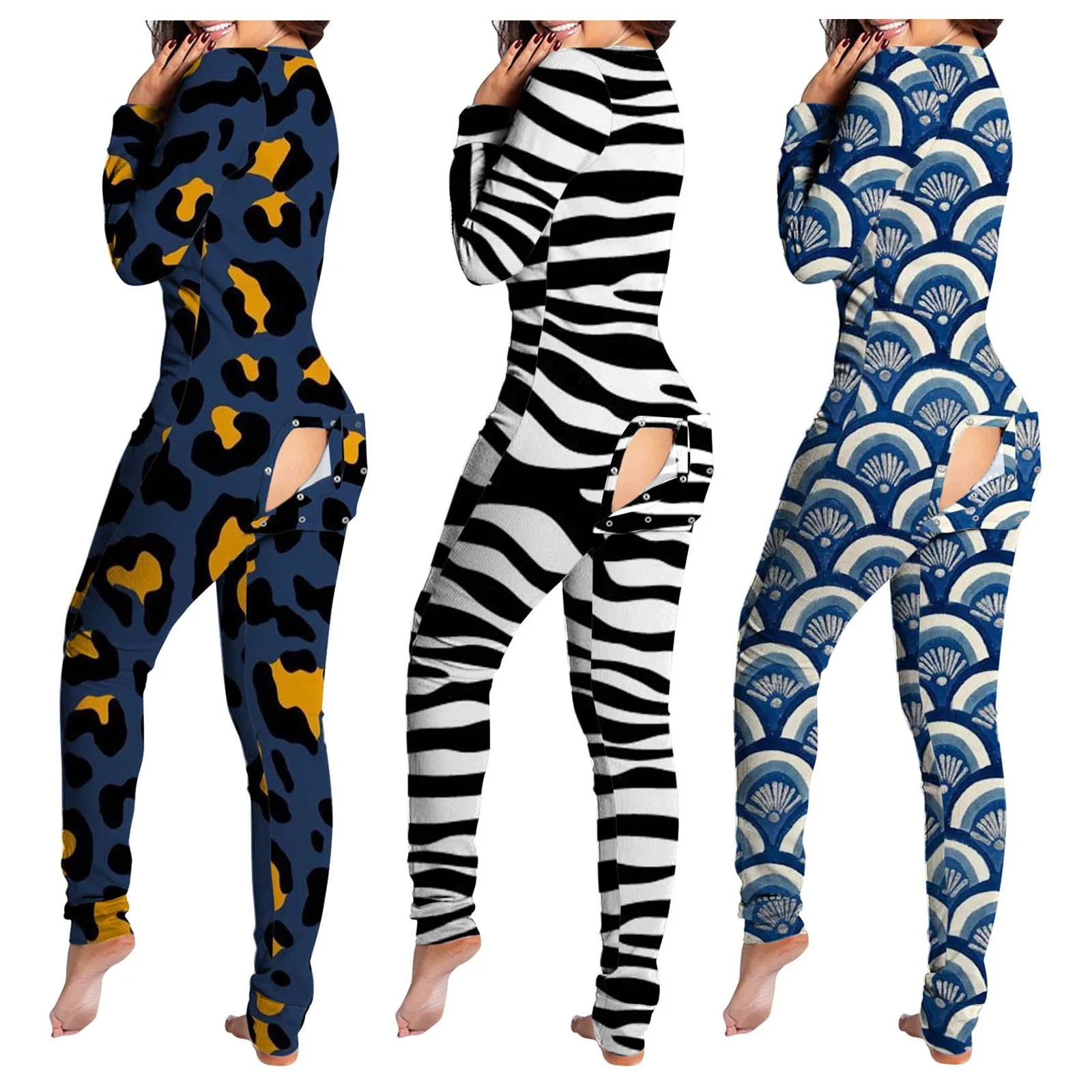 

Sexy Female Sleepwear Women Pajamas Onesies Button-down Front Functional Buttoned Flap Adults Pyjama V-neck Long Sleeve Jumpsuit