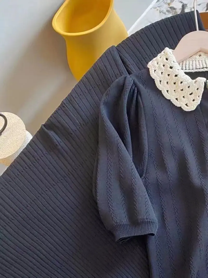 

Women Crochet Hollow Out Peter Pan Collar Single Breasted Short Sleeve Elegant Knit Midi Dress