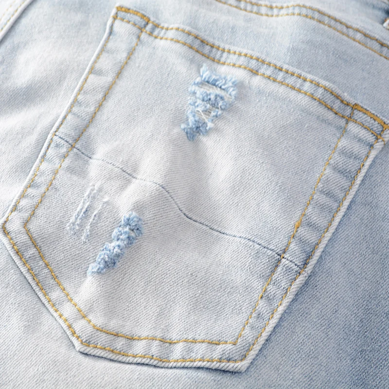 Street Fashion Men Jeans Elastic Retro Light Blue Slim Ripped Jeans Men Punk Trousers Patch Designer Brand Hip Hop Pants Hombre