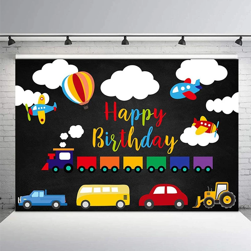 

Transportation Chalkboard Boy Birthday Party Backdrop Automobile Happy 1st BirthdayPhotography Background Photo Booth Banner