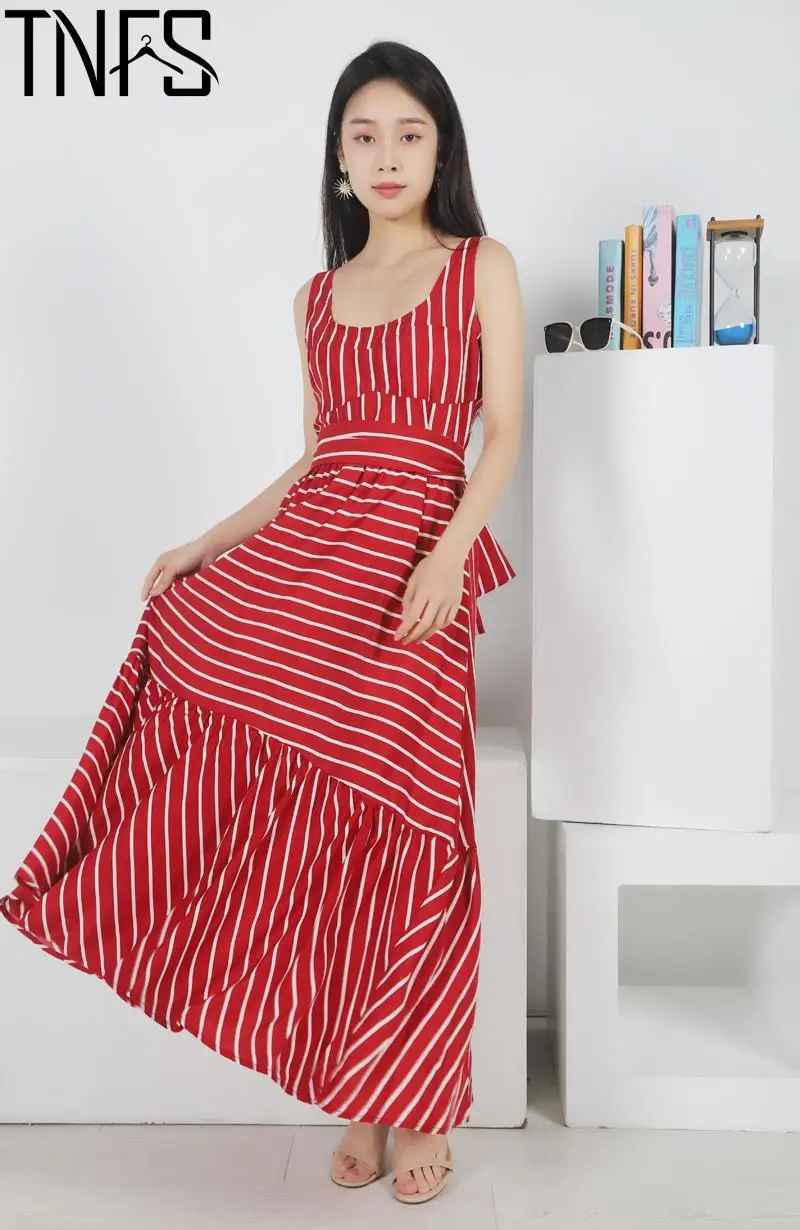 

YuerWang Women Striped Dress2022 summer beach dress Bohemia Dress Sexy Long Maxi Dresses Bow Lace Up Ruffles Long Summer Dress