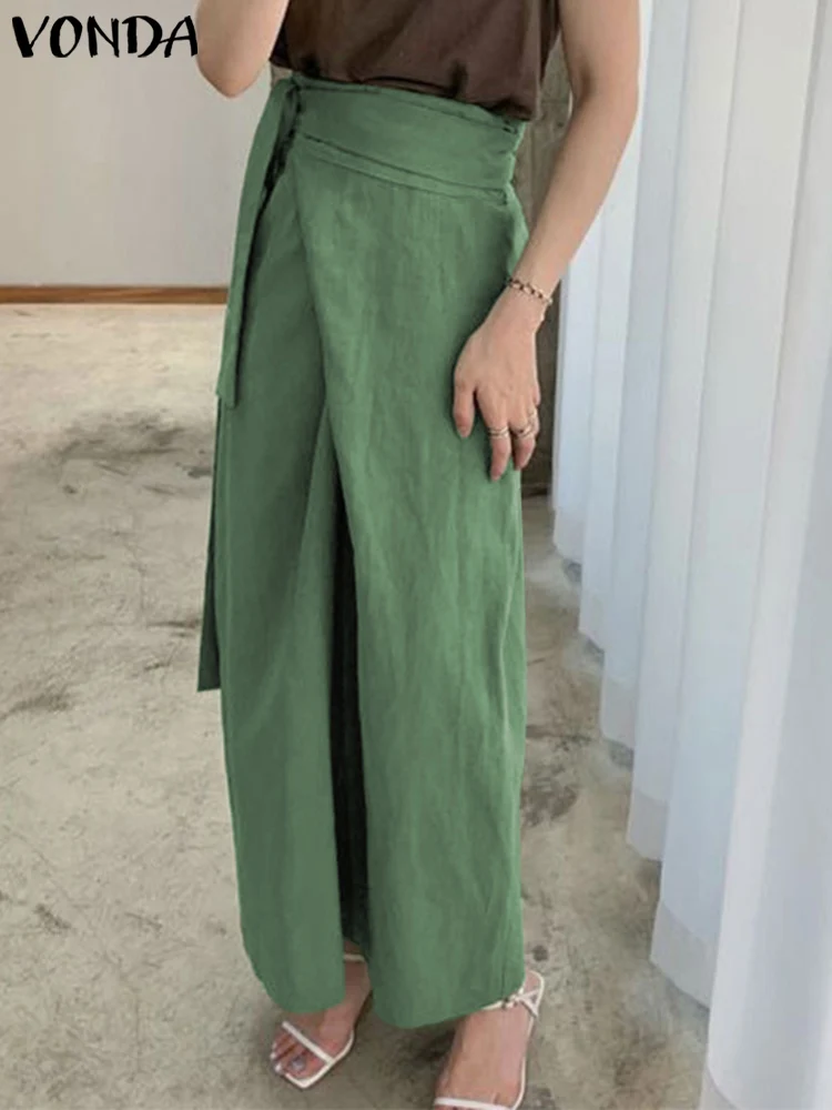 

Lady Office Skirt 2022 VONDA Vintage Women Front Slit High Waist Maxi Long Skirt Belted Elegant Party Pleated Casual Loose Skirt