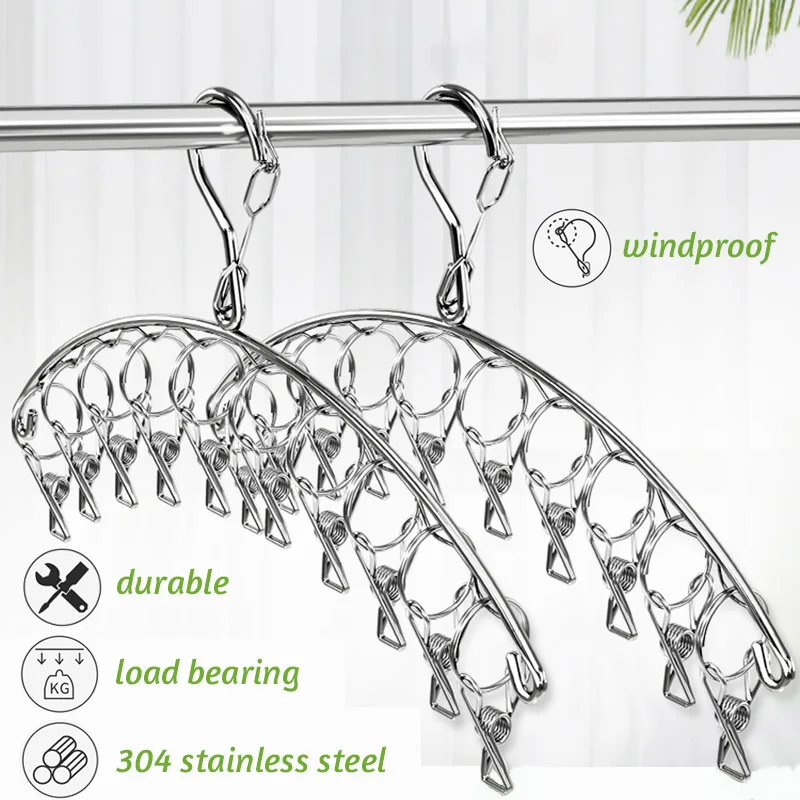 Windproof Socks Drying Hanger 10-20 Clips Stainless Steel Drying Rack For Clothes Clothesline Sock Towel Bra Drying Rack