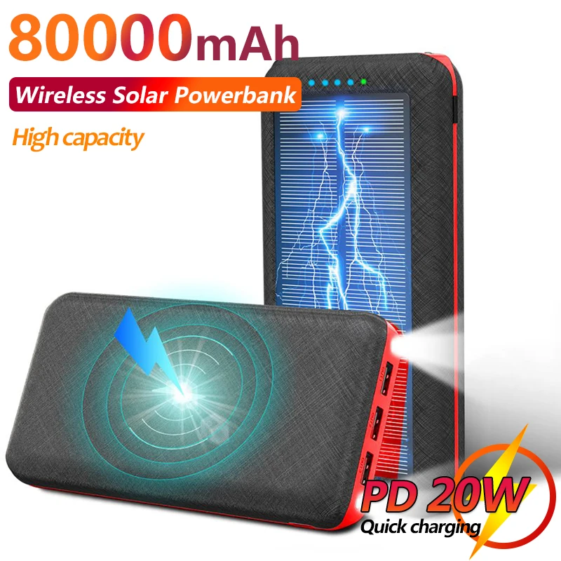 

Solar Wireless 80000mAh Power Bank Portable Outdoor Mobile Phone Fast Charging External Battery Suitable for Xiaomi Iphone