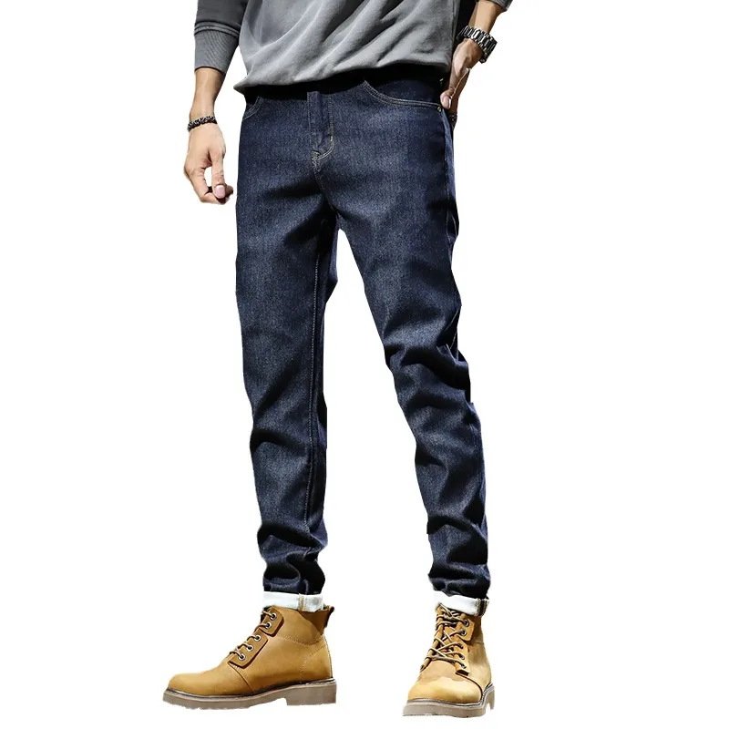 Autumn Men Jeans Korean Style Fashion Dark Blue Pencil Pants Streetwear Casual Slim Fit Denim Trousers