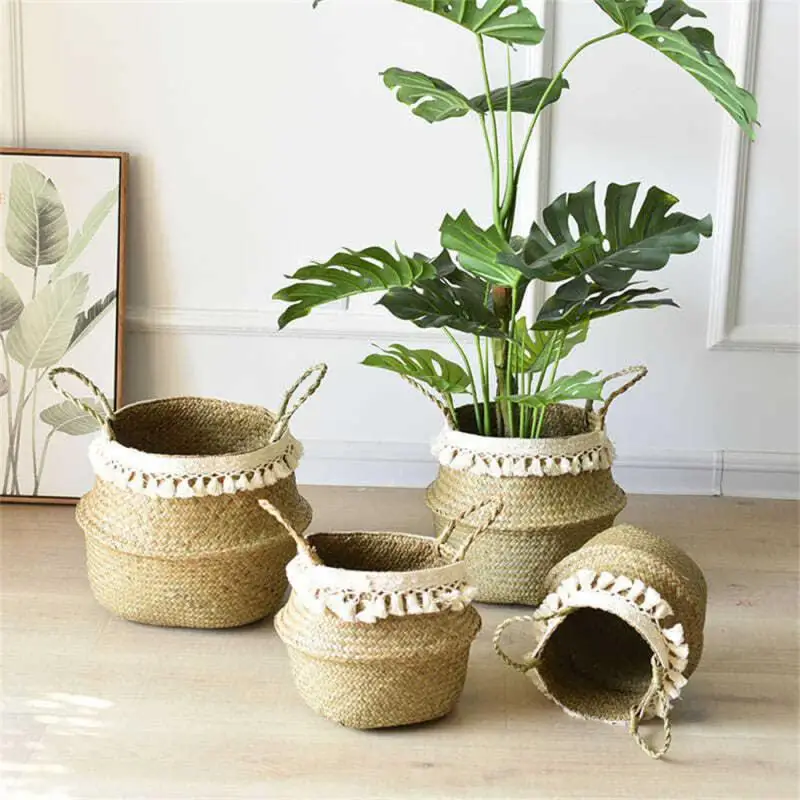 

Bird Turtle Back Bamboo Tassel Flower Basket Round Flowerpot Weaving Cane Weaving Fringed Seaweed Basket Gardening Tools