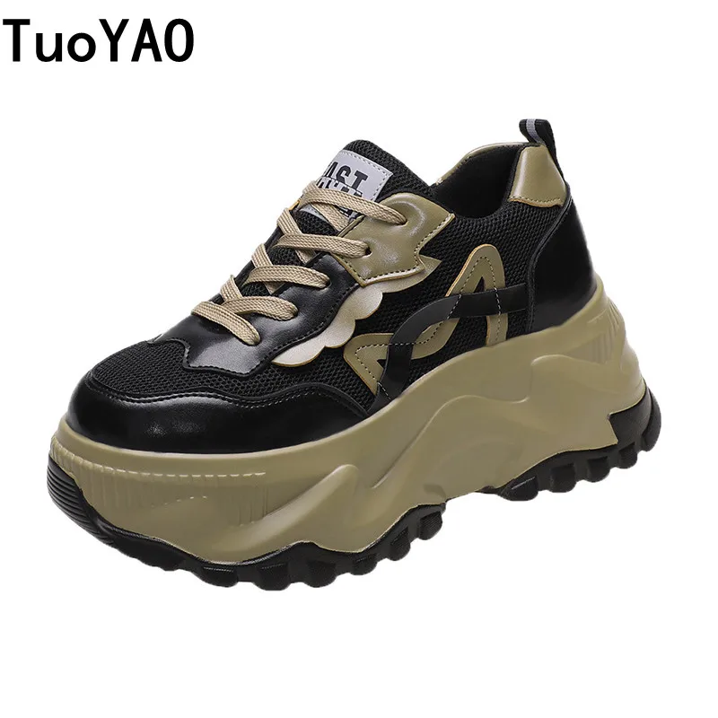 

Women Spring High Platform Leather Sneakers Wedge Heels Outdoor Casual Shoe Summer Chunky Shoes Lace-up Tennis Sport Shoes Woman