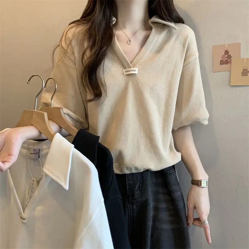 

DUOFAN Summer Short Sleeve T-shirts Women Korean Solid Color Drawstring Tshirt Fashion Patchwork V-neck Tee Femme Loose Pullover