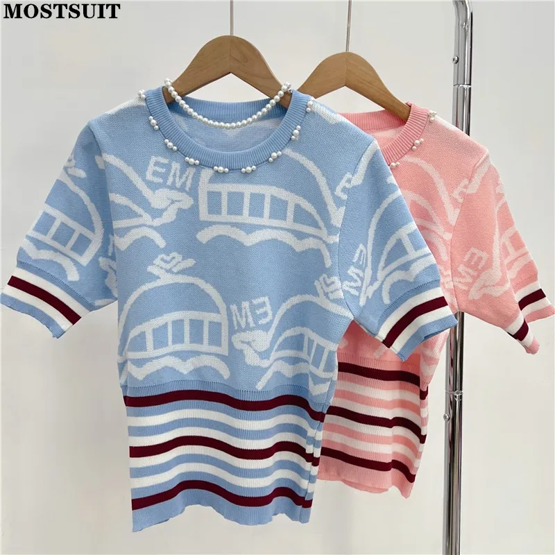 

2022 Summer Pearl Beading Knit Sweater Pullover For Women Korean Fashion Top Short Sleeve O-neck Slim Cartoon Ladies Sweaters