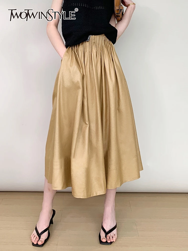 

TWOTWINSTYLE Casual Skirt For Women High Waist A Line Solid Minimalist Ruched Long Skirts Female Summer Clothing Style New 2022
