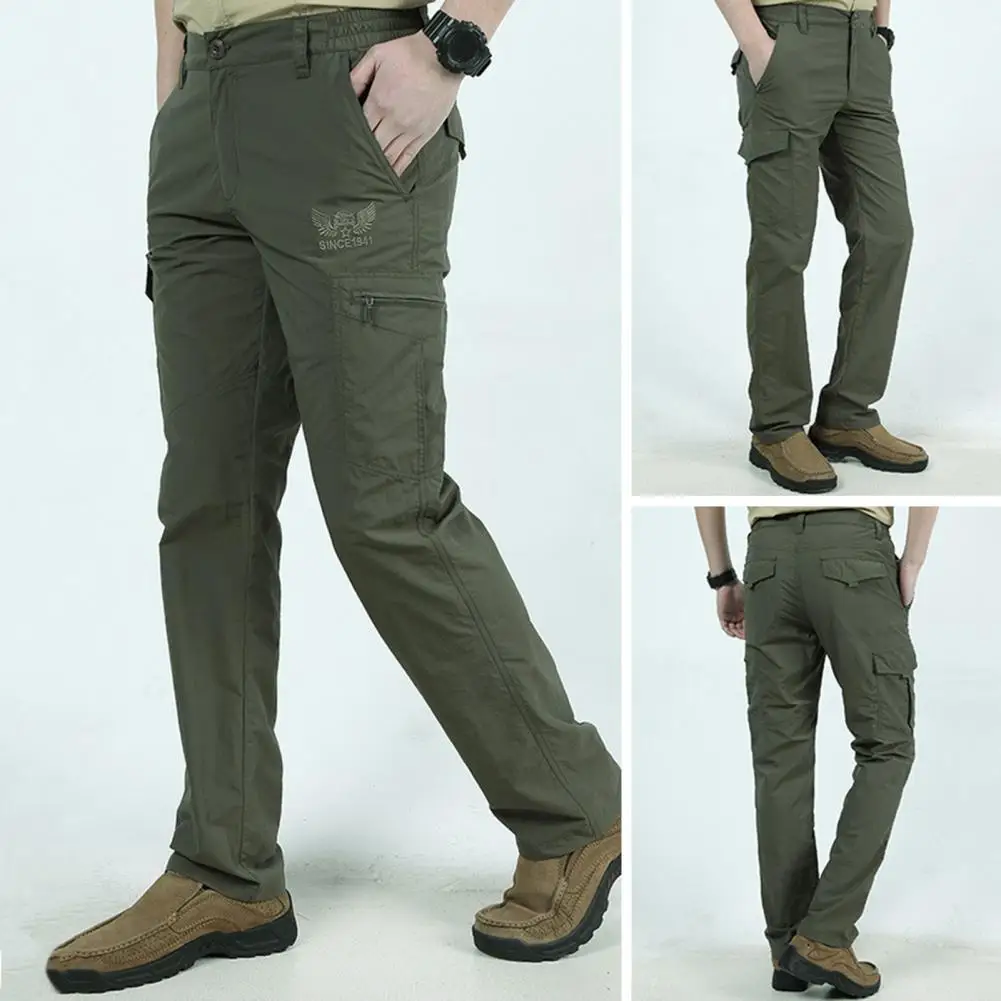 

Multi Pockets Fabulous Leisure Men Trousers Sweat Absorption Summer Pants Solid Color for Camping