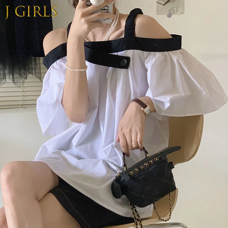 

Женская рубашка с открытыми плечами J GIRLS, Повседневная Свободная рубашка контрастных цветов с воротником-стойкой и пышными рукавами в Коре...