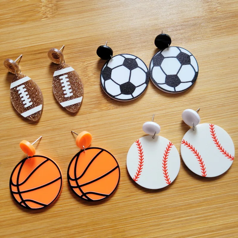 

Acrylic Made Football Rugby Basketball Baseball Fashion Sports Game Balls Dangle Earring accessories for women