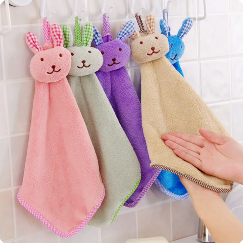

Cartoon Cute Bunny Hand Towel Coral Fleece Absorbent Hand Towel Kitchen Hangable Rabbit Head Cleaning Towel Rag