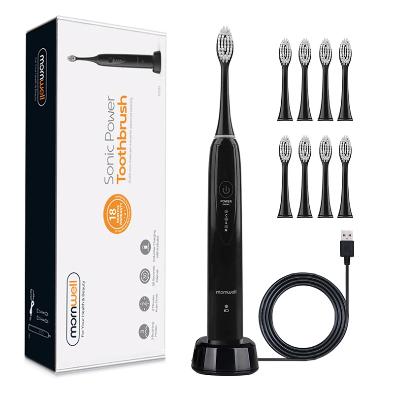 

Зубная щетка ультразвуковая Mornwell D02B для взрослых с таймером, 3 режима, зарядка от USB, сменные головки зубных щеток