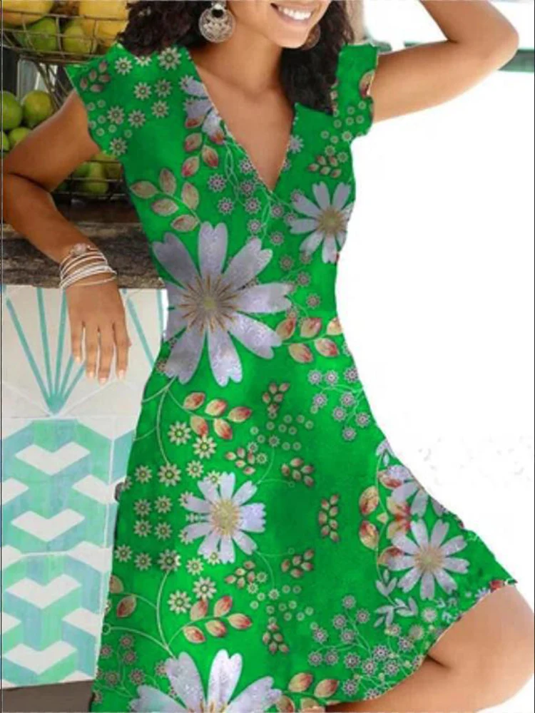

2022 Sexy Deep V Neck Loose Pullover Dress Office Commuting Waist Sim Party Dress Vintage Printed Short Sleeve Beach Mini Dress