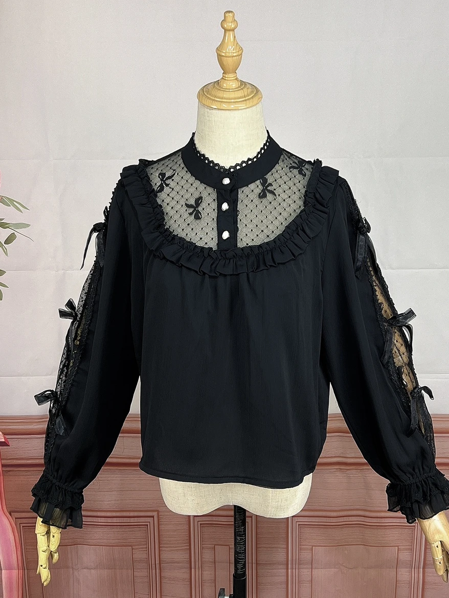 

2023 Spring New Lolita Shirt Women Sweet Lace Chiffon Stand-up Collar Long Sleeve Inner Wear Elegant Ruffles Loose Blouse Top