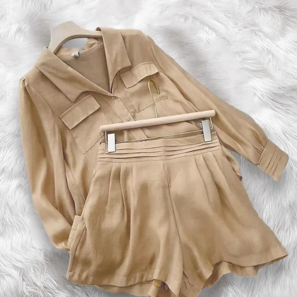 

Женский комплект из рубашки и шортов, повседневный костюм из двух предметов, шикарная женская рубашка и шорты, однобортный однотонный комплект с эластичной талией и лацканами