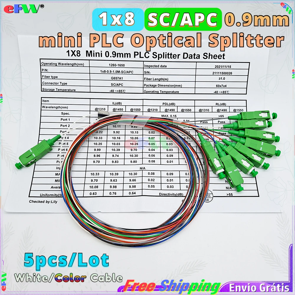 Divisor de fibra óptica SC/APC de 5 piezas, divisores ópticos PLC de 1x8 mini, 0,9mm, FTTH de fibra de color, acoplador óptico FBT de 1 a 8