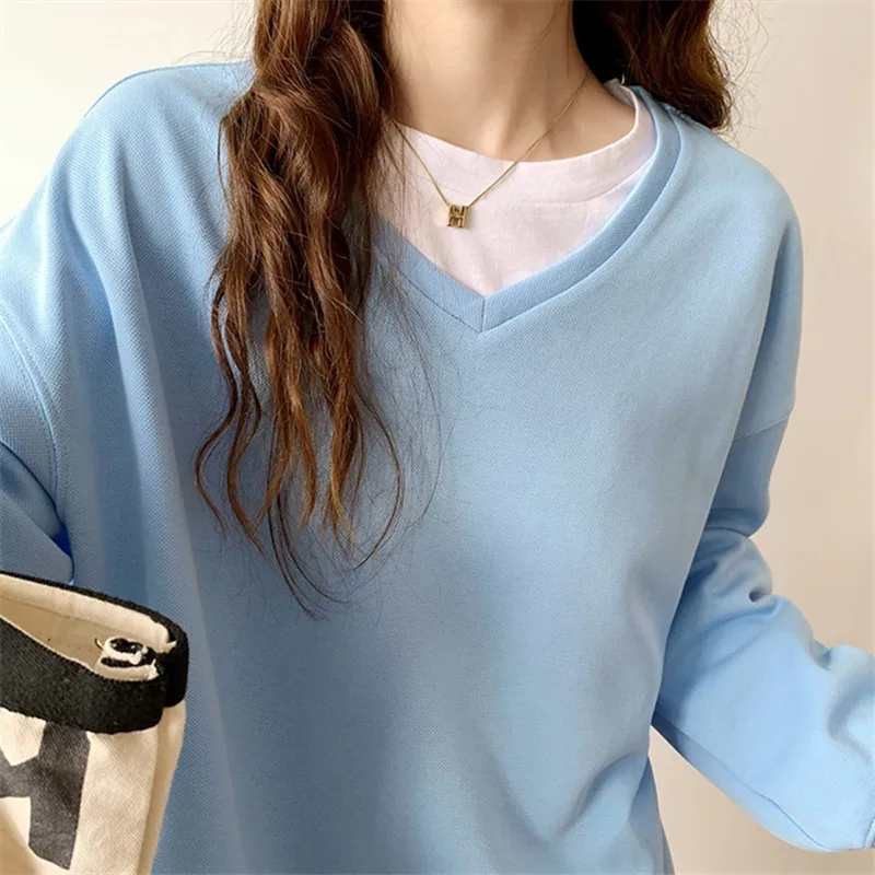

Women's Patchwork V-neck Casual Loose Autumn Fashionable Sweatshirt 2021 New Solid Color Ladies Winter Pullovers Tops Female Ins