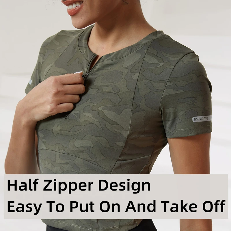 High Quality Women Short Sleeve 1/4 Zip Yoga Shirt Top Workout Gym Sweatshirt Sport Quick Dry Mesh Nylon Spandex Running T Shirt