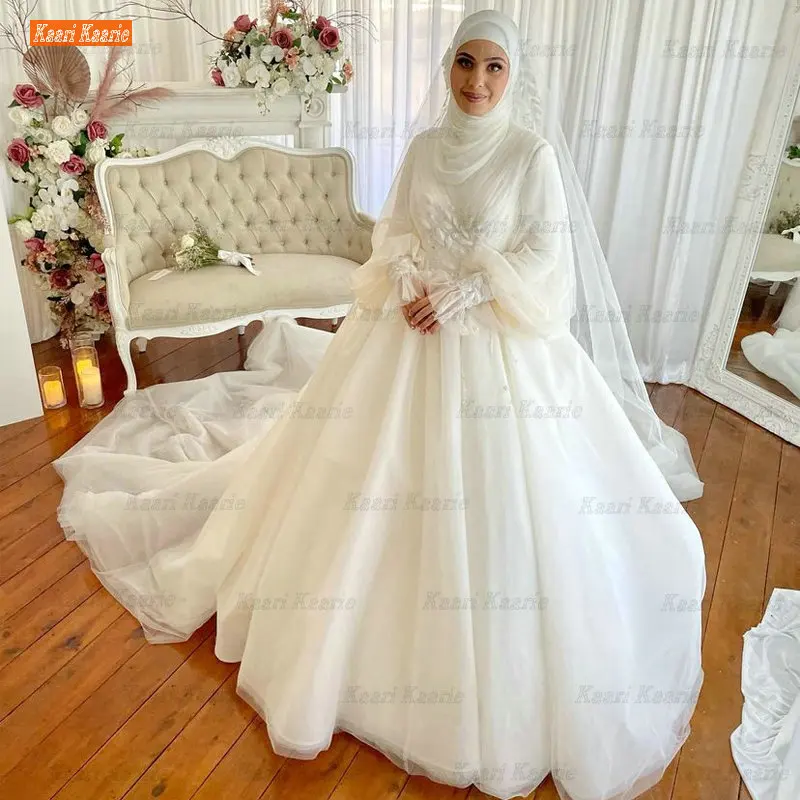 

Elegant Muslims Wedding Dresses For Women 2023 Bride High collar Puff Sleeves Bridal Gowns Ivory Vestido De Novia A Medida