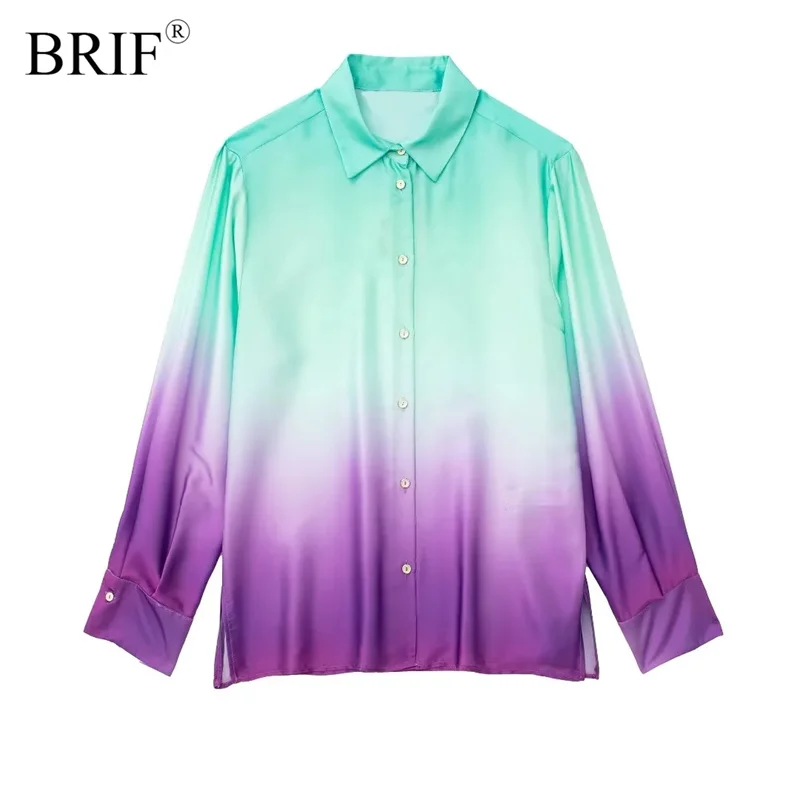 

BRIF Women Fashion Tie-dyed Print Shirt 2023 Summer Collared Blouse Long Sleeve Side Vents at Hem Button-up Front Top Streetwear