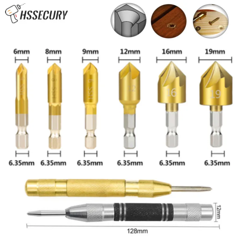 

6pcs 6-19mm Countersink Drill Bit Set 1/4'' Hex Shank HSS 5 Flute Countersink Chamfering Cutter Chamfer Hex Chamfer Drill Tool