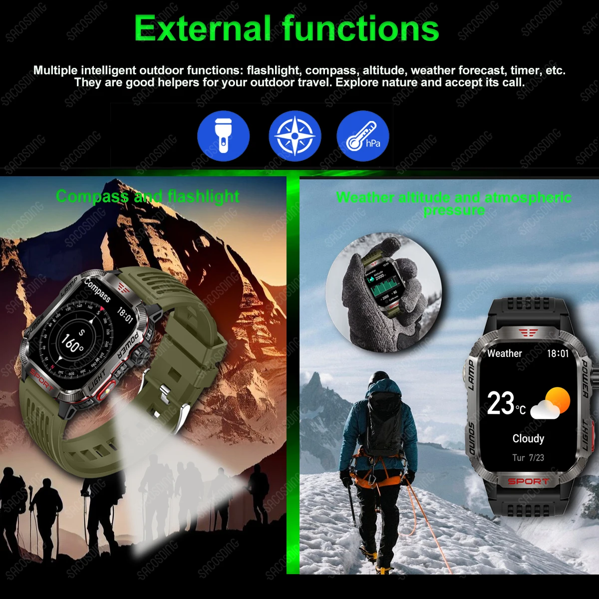 Новинка 2024 уличные военные умные часы Fiteness фонарик компас с давлением высоты