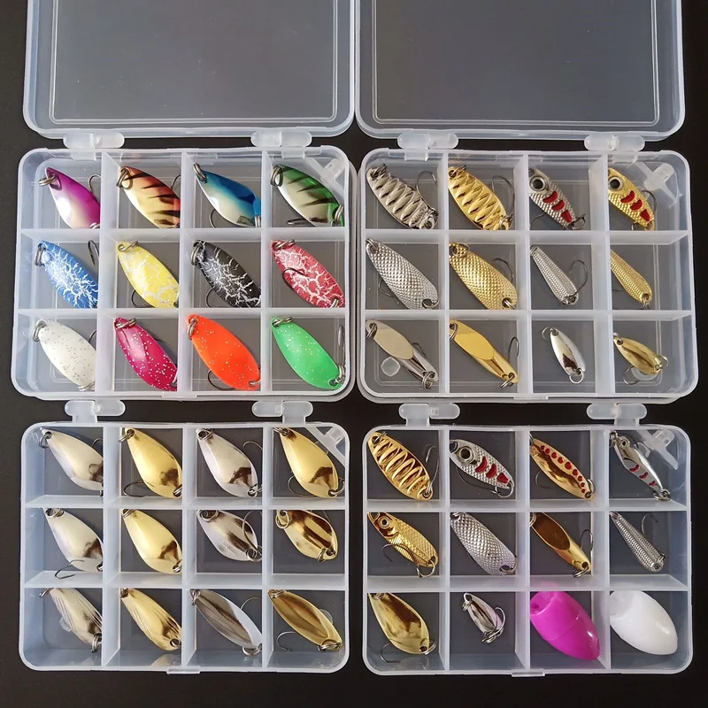 

12 Grid Box Color Pattern Spoon-shaped Sequin Set Melon Seeds Peas Tinned Metal Hard Bait with Barbed Fishing Hook