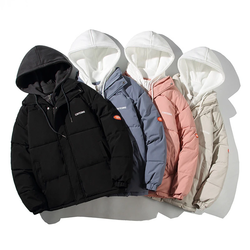 

Winter New Fashion Couple's Clothing Fake Two-piece Student Japanese Solid Color Cotton Jacket Men's Casual Loose Hooded Jacket