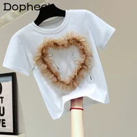 love beaded bowknot short sleeved t shirt for womens 2022 summer korean style ruffled high waist crop top fashion cotton tees