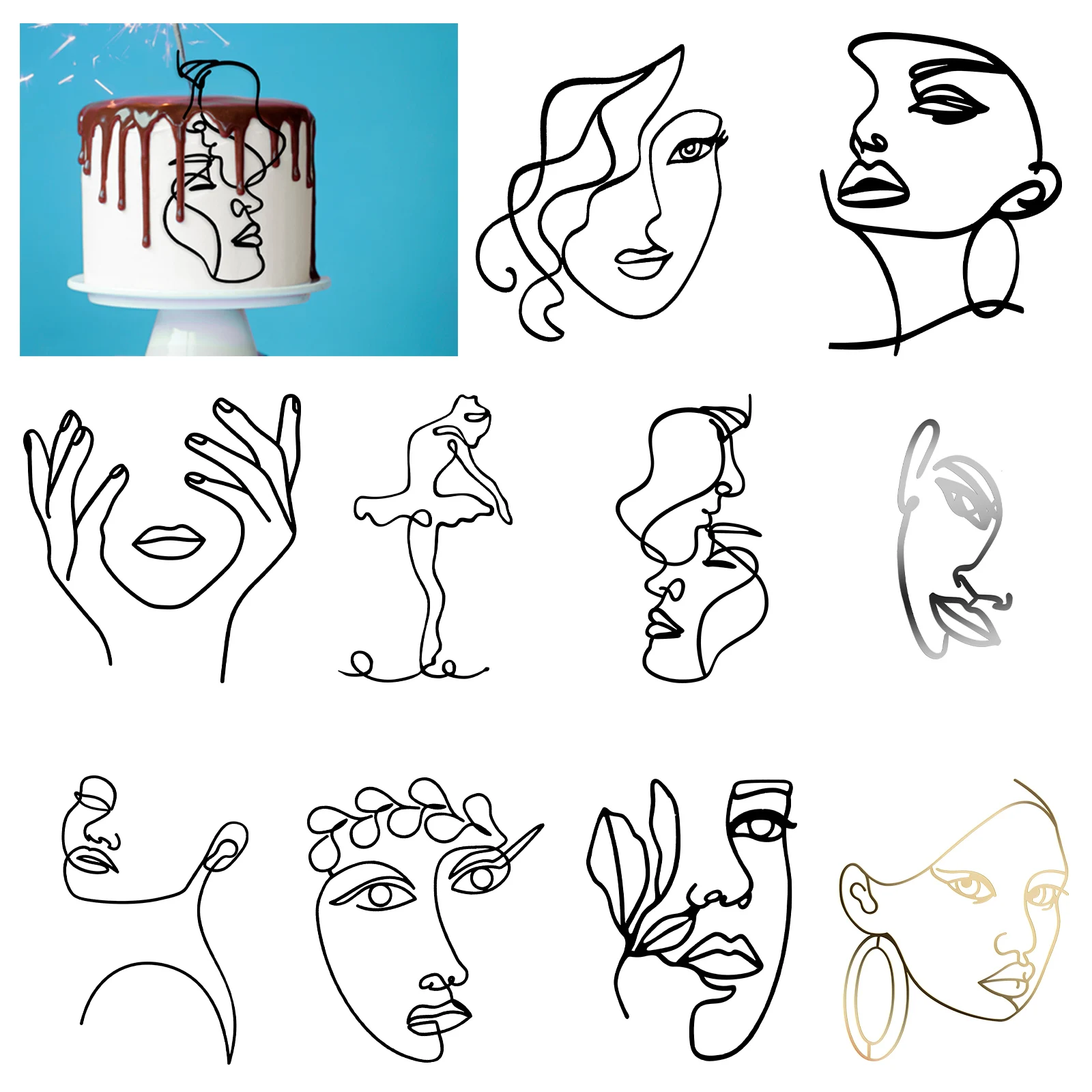 

New 10Pcs Minimalist Art Lady Face Cake Topper 3D Abstract Minimalist Line Cake Toppers Exquisite Flower Leaves Acrylic Cake