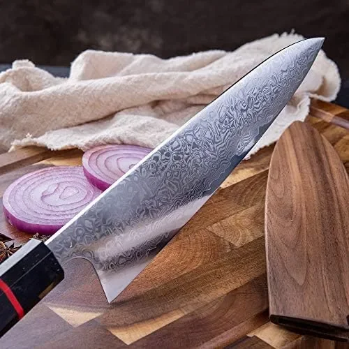 

Chef Knife - Damascus - Japanese Kitchen Knife - 8-inch - Handcrafted Octagonal Handle - Wood Sheath & Gift Box (Kritsuke Kn