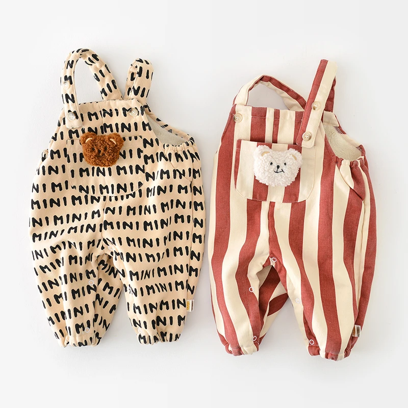 

Toddler Baby Boy Girl Overalls Winter Striped Letter Print Plus Velvet Bodysuits for Infants Cute Cotton Thick Kids Boys Clothes