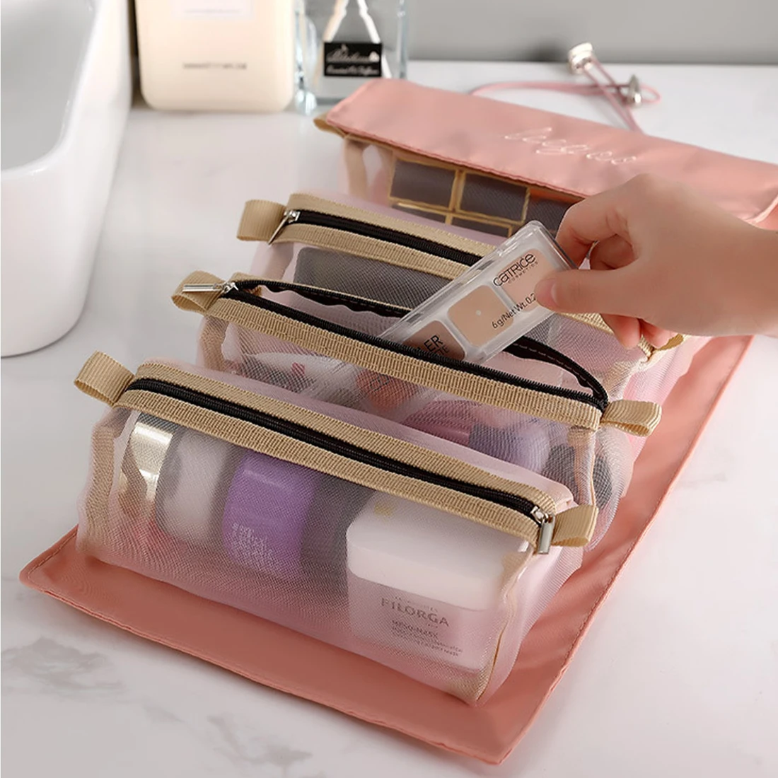 

4 In 1 Detachable Travel Cosmetic Bag Women Mesh Make Up Box Bags Beautician Toiletry Makeup Brushes Lipstick Storage Organizer