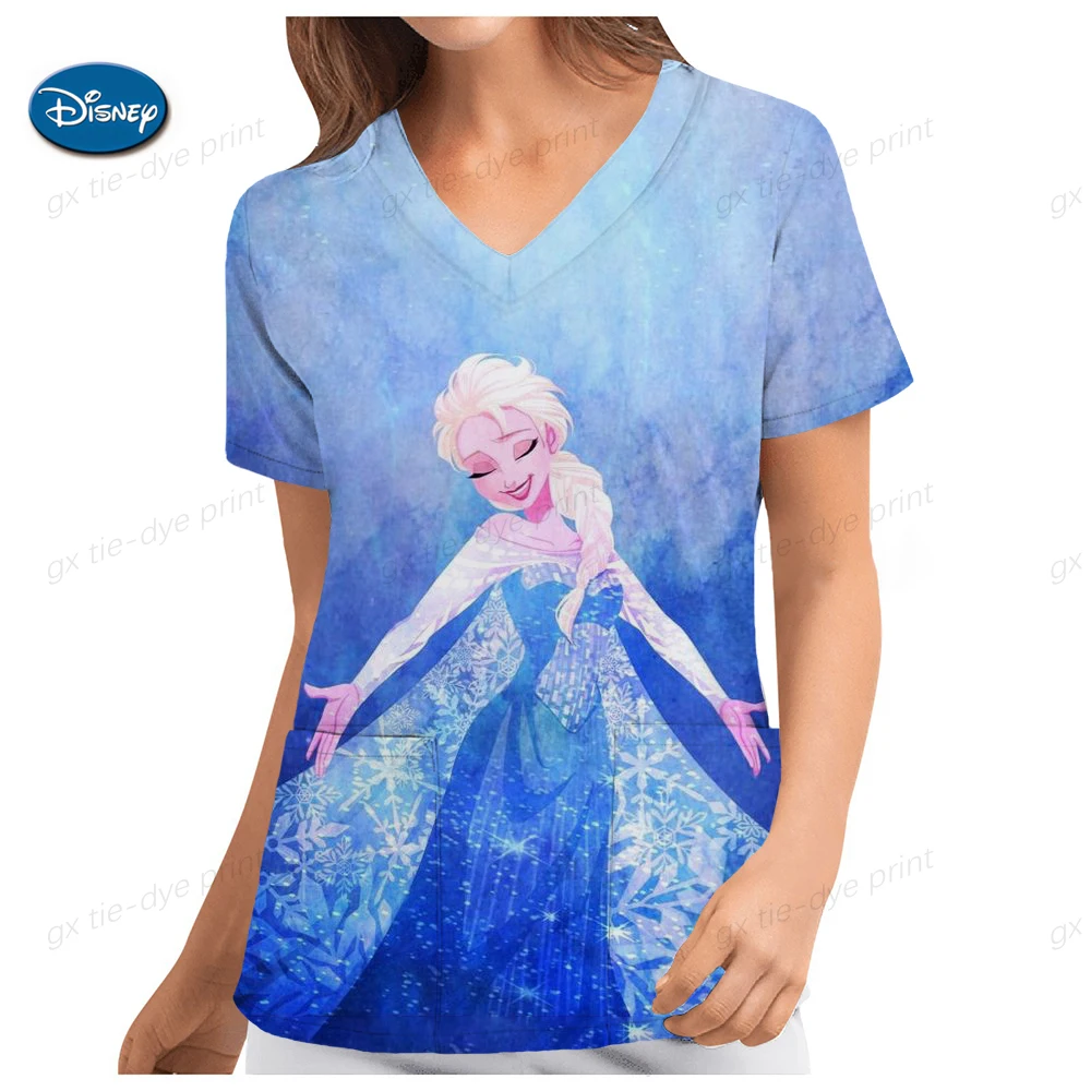 

Disney Frozen Princess Print Scrub Tops Women V-neck Nurse Working Uniform Short Sleeve Healthcare Blouse Female Uniforms
