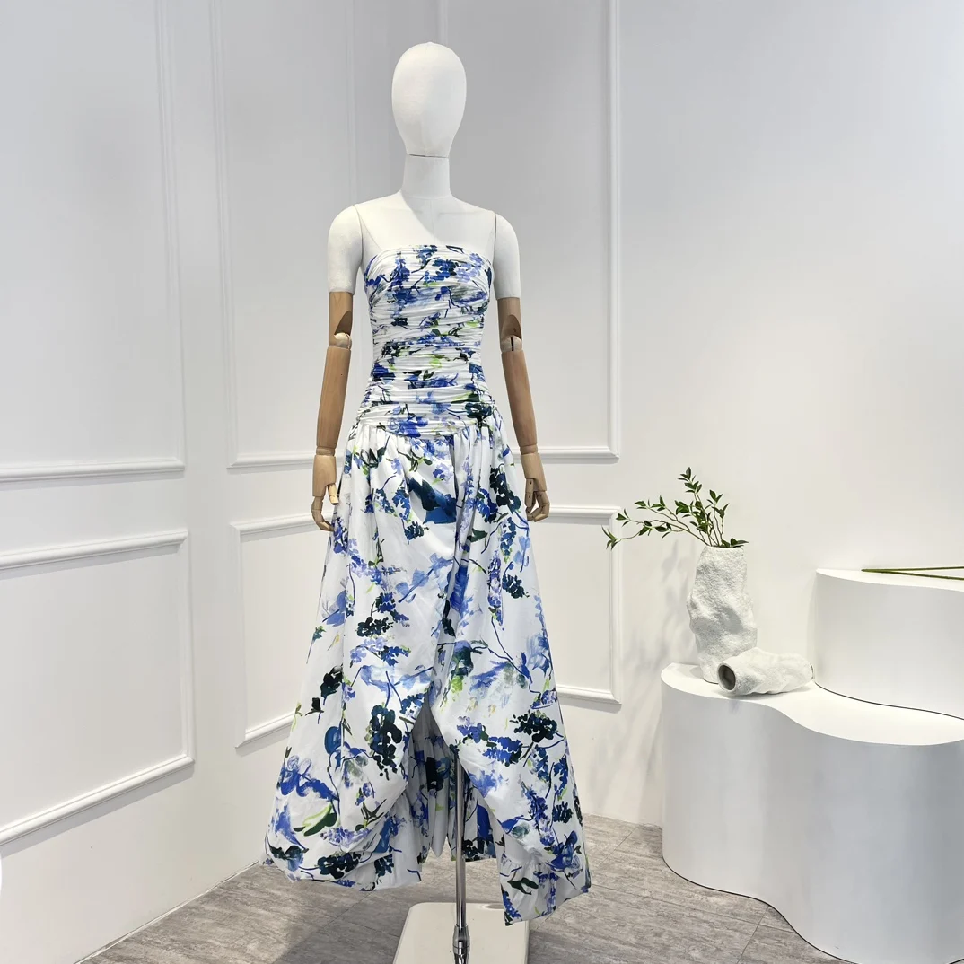 

Женское асимметричное платье средней длины, голубое платье с цветочным принтом, рюшами, высокой талией и низким подолом, весна 2023