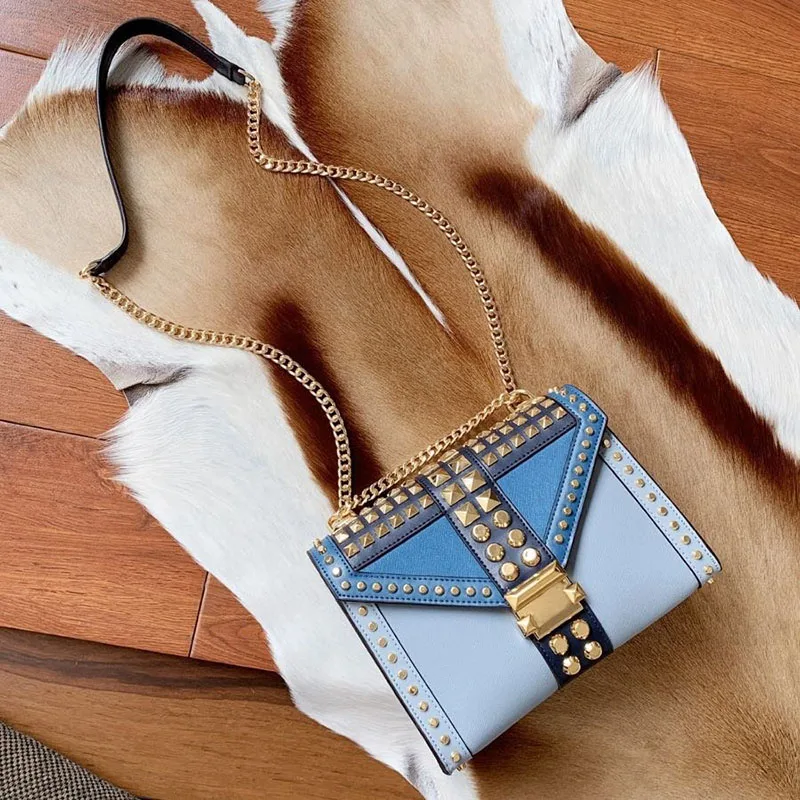 

2020 new arrival shoulder bag women cross grain leather & nappa leather material rivet style black brown blue color bag for girl