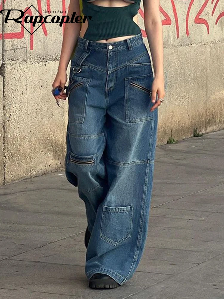 

Джинсы Rapcopter Y2K женские на молнии, винтажные штаны-карго из денима с карманами, свободные брюки с широкими штанинами, шикарные модные джоггеры, уличная одежда, лето
