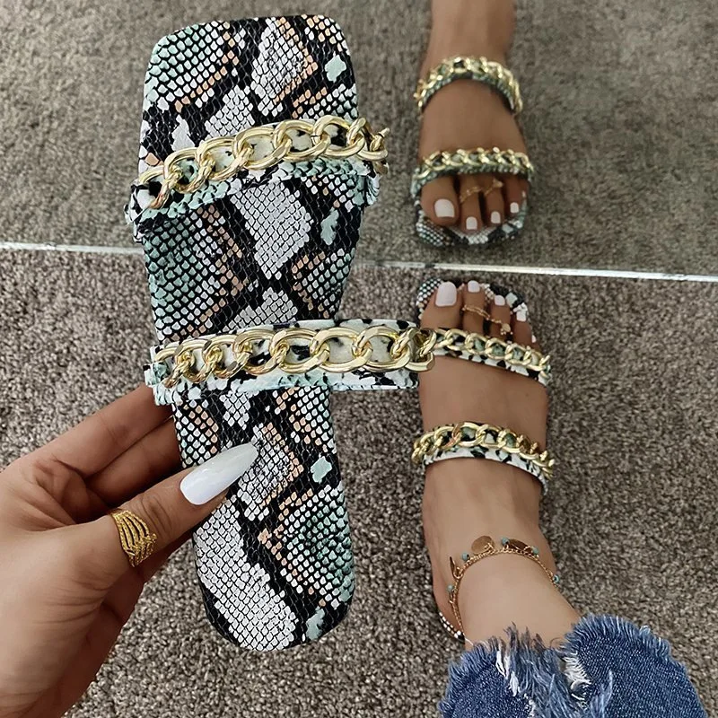 

2022 Summer New Women's Shoes New Metal Color Snake Pattern Color Matching One Pedal Square Head Women's Slippers