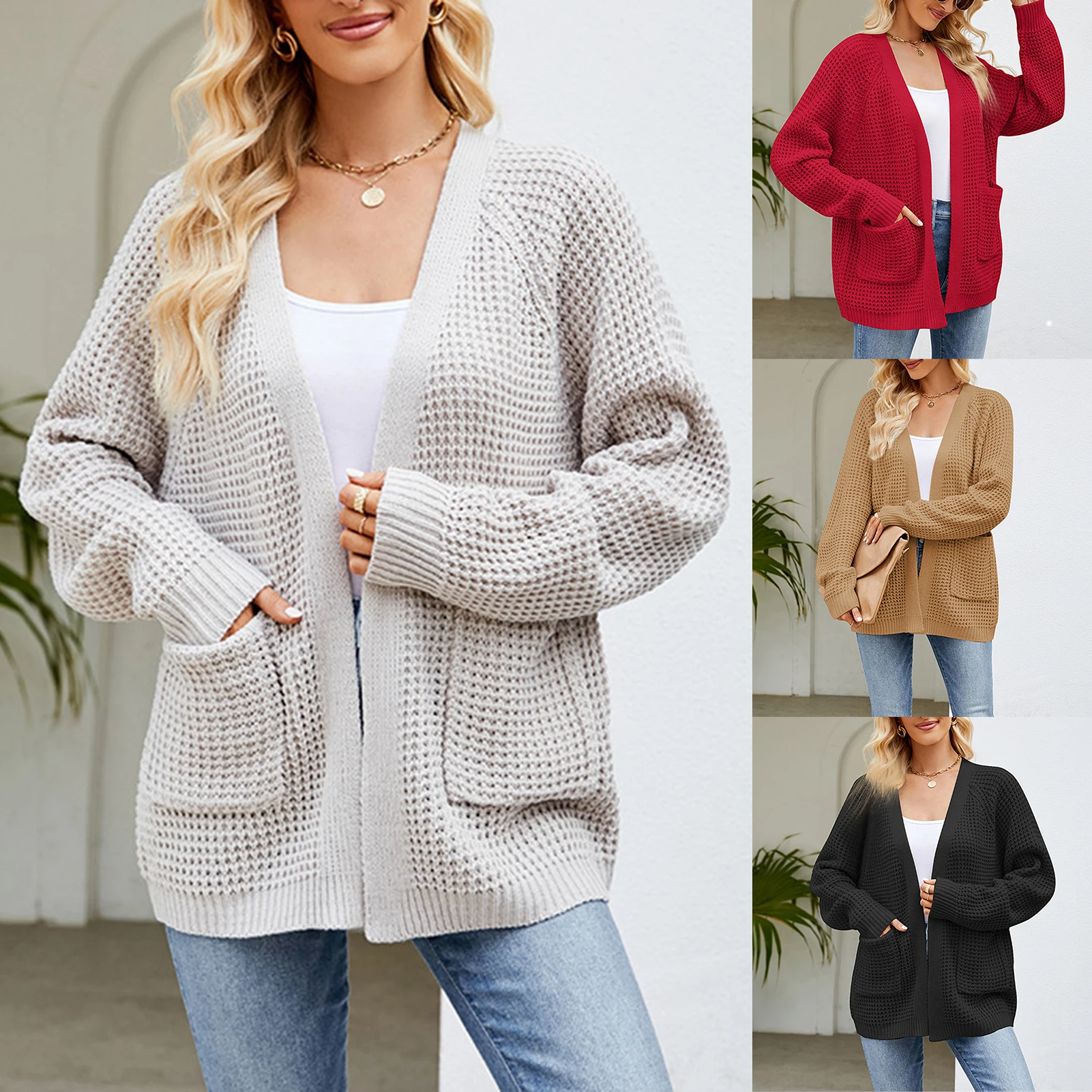 

Open Front Coats for Woman Autumn Winter Fashion Outerwears Casual Comfy Cardigans Retro Crochet Elegant Sweaters with Pockets
