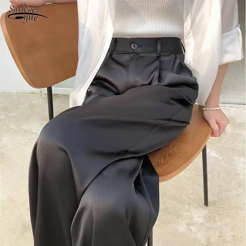 

Casual Korean Wide Leg Trousers for Women Classic Black Straight High Waist Pants Summer Autumn Silk Satin Women's Pants 21907