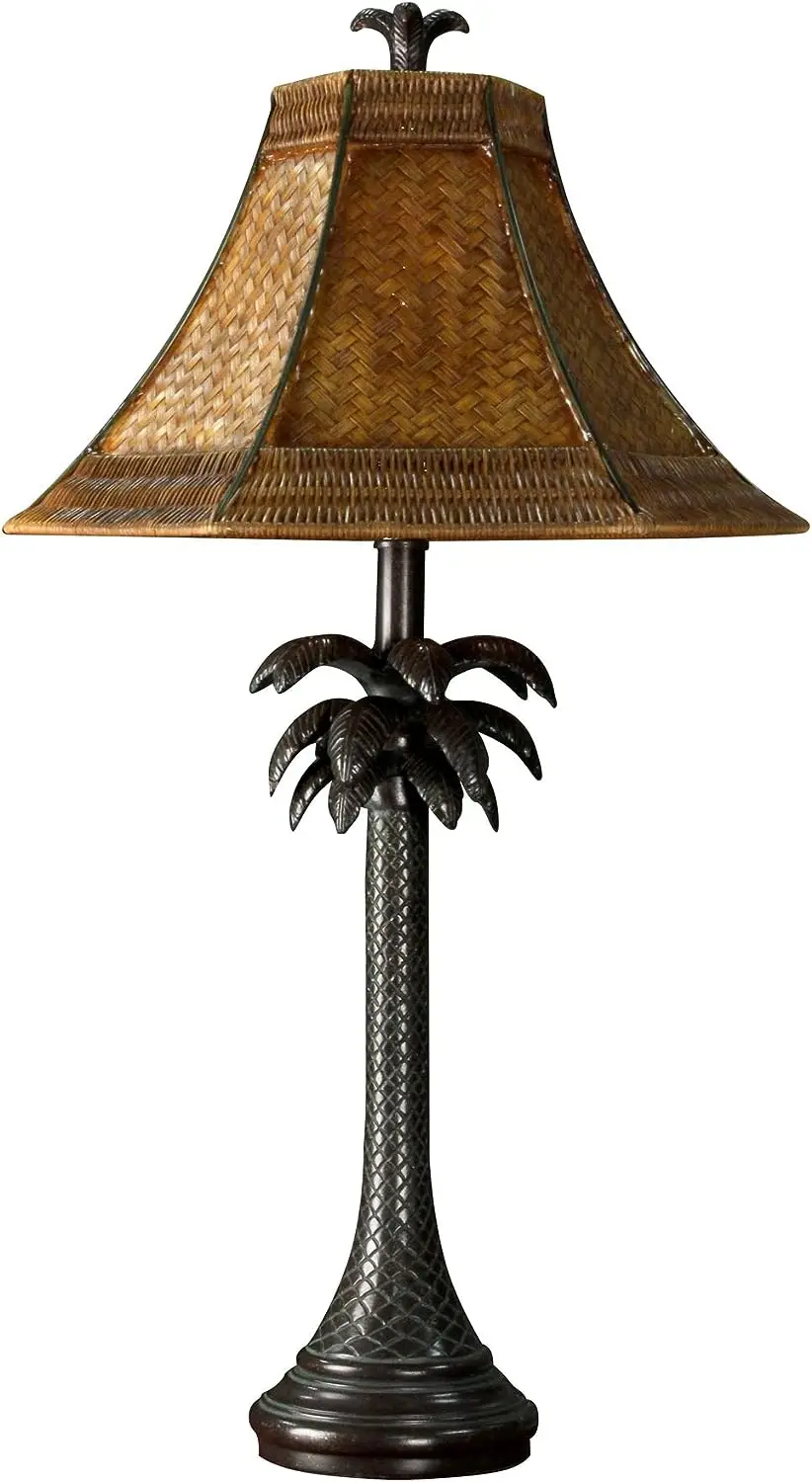 

Tropical Palm Tree Steel , Dark Brown Finish with Woven Rattan Shade