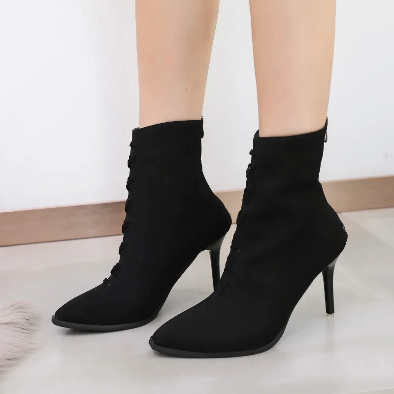 Women's Winter Fashion Pointed Toe Suede Ankle Fur Wrap Short Boots Lace Up Stiletto Ankle Boots Party Shoes 2023